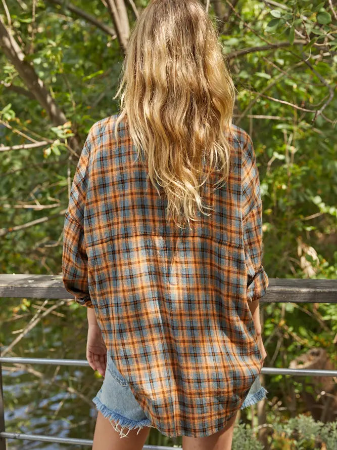 Cotton Dusty Blue/Orange Button Down.